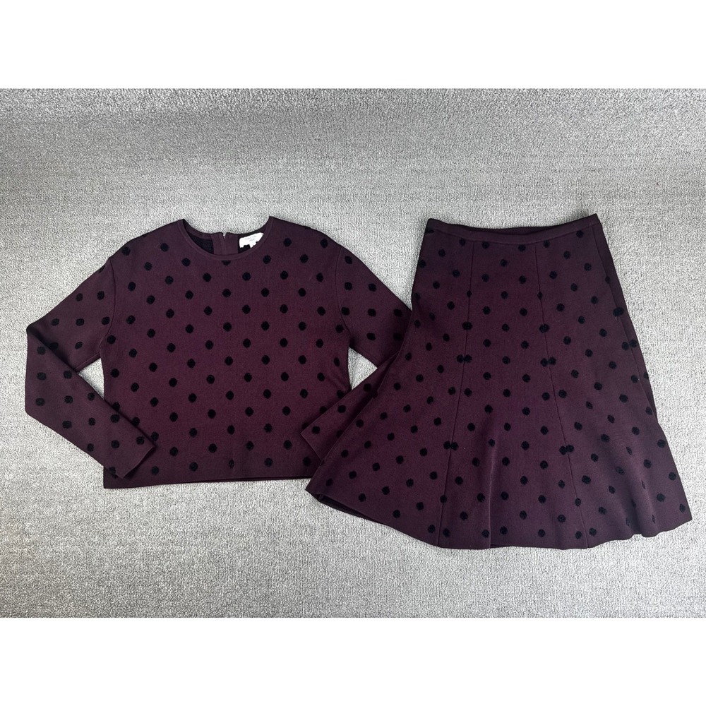 Thakoon Collective Set Sweater Skirt Medium Burgundy Polka Dot Knit Academia